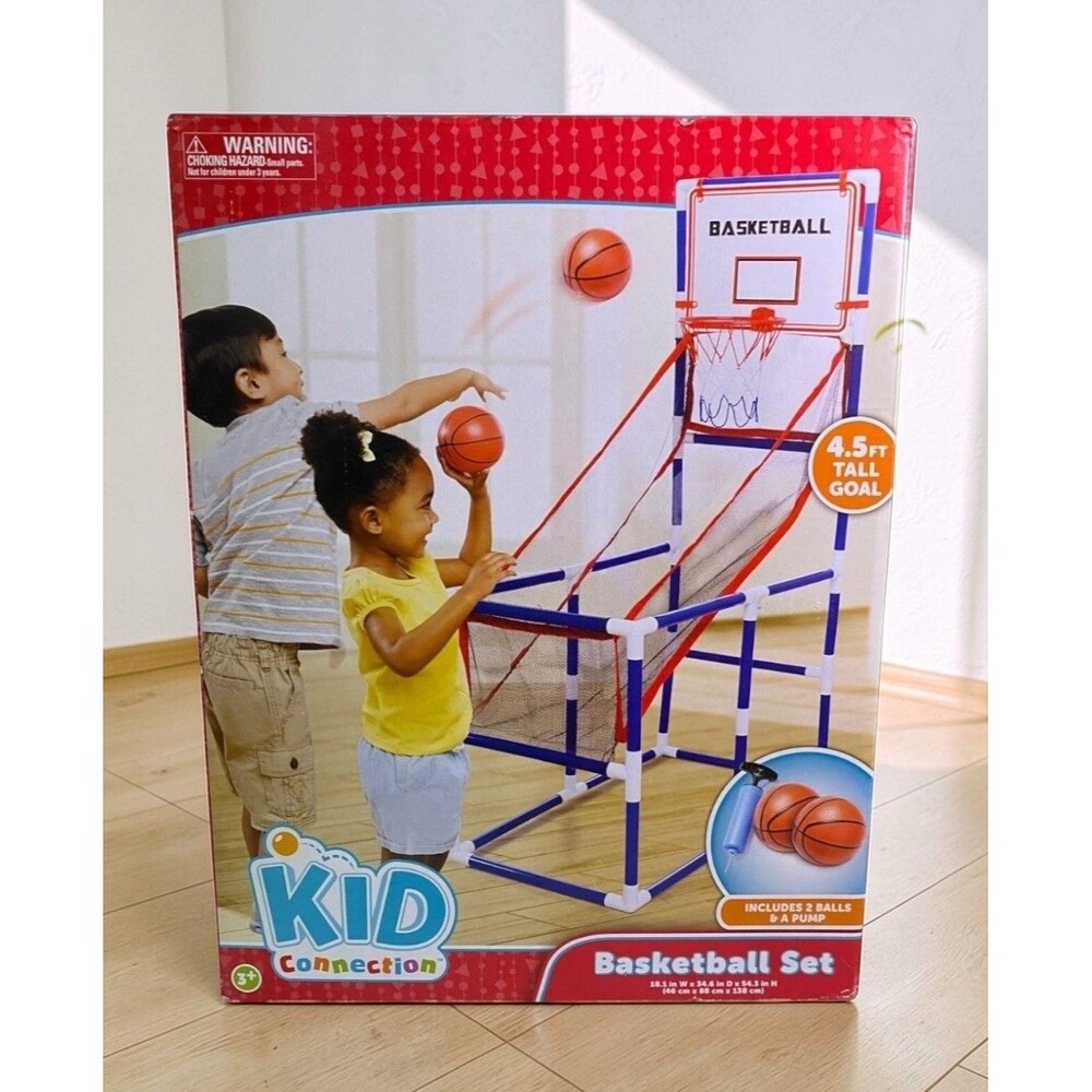 Kid Connection Basketball Set 4.5 Ft Tall Goal 2 Balls Pump NIB Indoor Kids